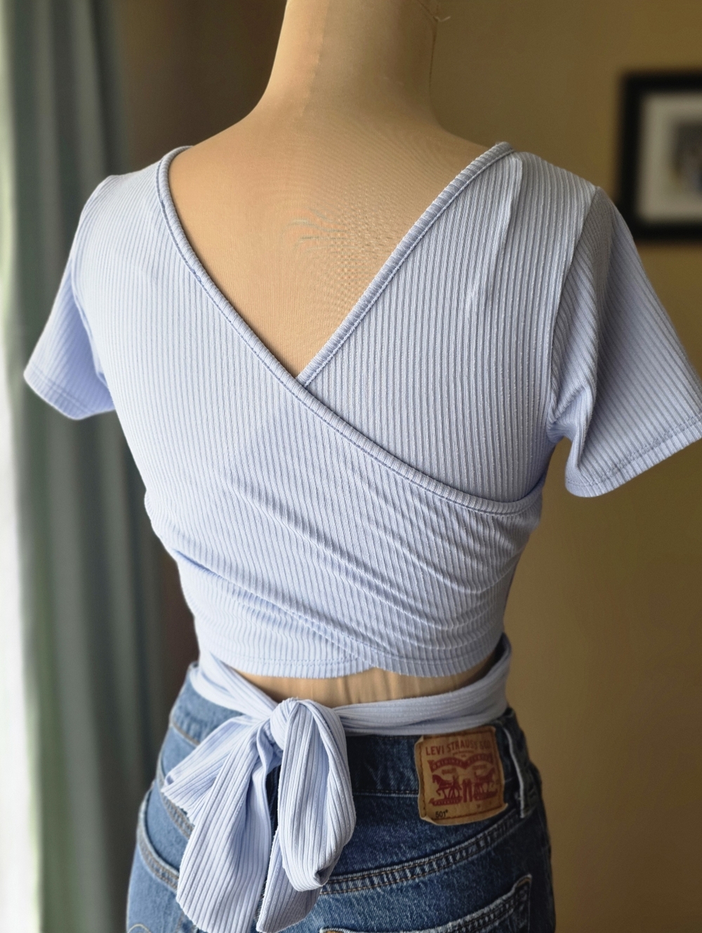 Lush Blue Ribbed Crew Neck Wrap Crop Top with Cute Tie Back
